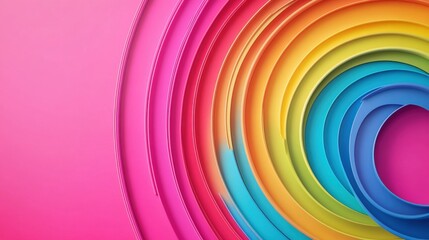 Poster - A vibrant composition featuring layered circles in rainbow colors against a pink background, creating a playful and cheerful visual effect.