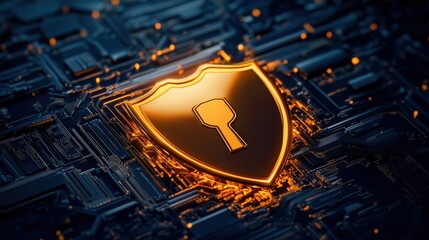 Poster - Digital Security Shield with Keyhole on Circuit Board Background