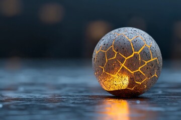 Poster - Cracked Sphere with Glowing Interior on a Dark Background Creating a Mystical and Abstract Atmosphere