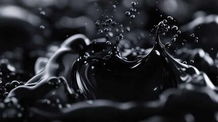 Poster - A close-up image of black liquid with bubbles, showcasing smooth, reflective surfaces and dynamic movement.