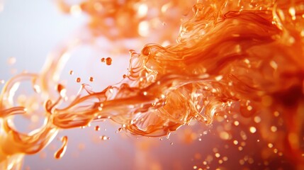 Poster - A vibrant splash of orange liquid with bubbles, showcasing fluid motion and dynamic textures against a softly lit background.