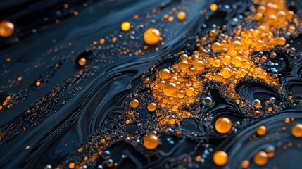 Poster - A close-up of vibrant orange droplets on a dark blue surface, creating an abstract and striking visual interplay of color and texture.