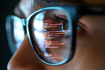 Poster - Close-Up View of an Eye with Reflection of Colorful Programming Code in Glasses on a Dark Background
