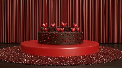 Poster - Valentine's Day digital art featuring a red round stage, chocolate details, hearts, and a shimmering glittery backdrop.