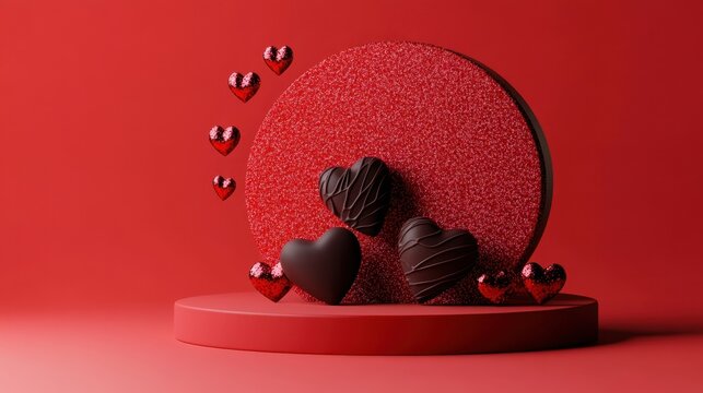 Valentine's Day digital art featuring a red round stage, chocolate details, hearts, and a shimmering glittery backdrop.