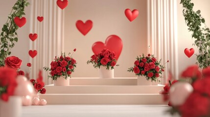 Leinwandbilder - Valentine's Day-themed stage with elegant red roses, paper hearts, and a warm beige gradient creating a fantasy-like ambiance.