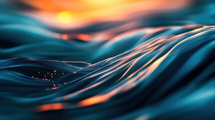 Poster - A serene close-up of flowing water, highlighting beautiful waves and shimmering reflections from the sunset, creating a tranquil and captivating atmosphere.