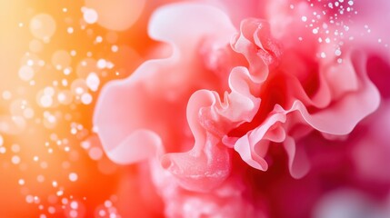 Poster - A close-up of a delicate pink flower petal, showcasing its intricate ruffles and soft textures against a vibrant, colorful background.