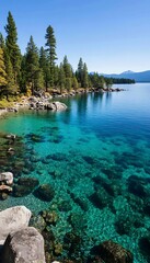 Sticker - Crystal-clear lake, rocky shore, pines, mountains