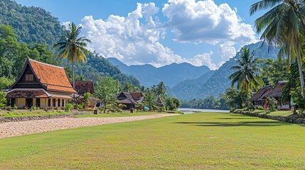 Wall Mural - Riverfront village, Laos. Traditional houses, lush greenery, mountains. Travel postcard