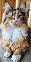 Poster - Fluffy calico cat posing, wooden background