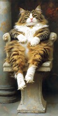 Poster - Fluffy cat throne pose, garden backdrop