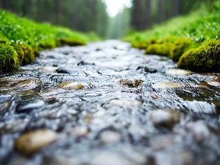 Poster - Forest stream flows, mossy banks, calm water, nature backdrop, tranquil scene