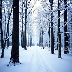 Wall Mural - Snowy forest trees frosty branches winter landscape, cold, leaves, snowy