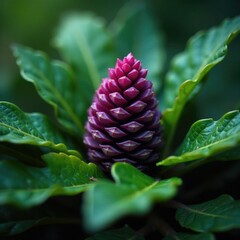 Wall Mural - Violet cone nestled among leaves and branches, evergreen, dark, leaves