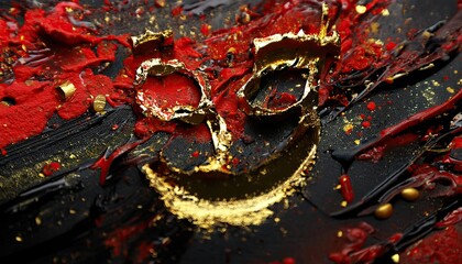 Poster - Golden Mask Design on Vibrant Red Canvas Abstract