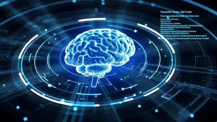 Poster - Futuristic digital brain with rotating neural connections and data