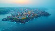 © Azis Stock - Coastal town sunset aerial view, harbor lights, tranquil waters, travel destination