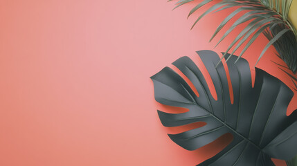 Wall Mural - Tropical leaves on coral background, minimal style