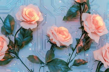 Poster - Pink Roses on Technology Circuit Background, Symbol of Innovation