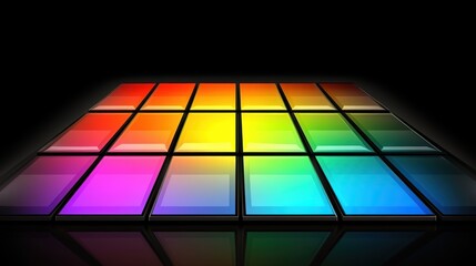 Poster - A vibrant grid of colorful squares set against a dark background, showcasing a spectrum from red to violet, resembling a digital art piece or color palette.