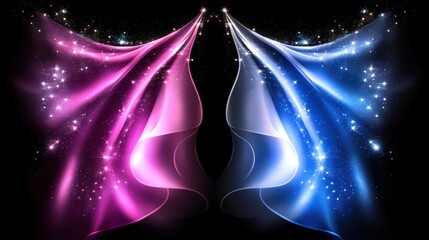 Poster - A vibrant design featuring flowing pink and blue fabrics with sparkling accents, creating an elegant and dynamic visual effect against a dark background.