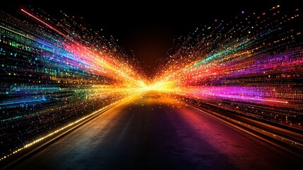 Poster - A vibrant, abstract representation of colorful light streaks converging on a dark road, evoking a sense of speed and movement.