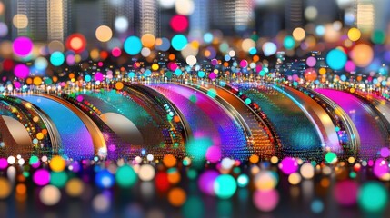 Poster - A vibrant, colorful abstract image featuring a series of arcs adorned with glowing orbs, creating a lively and energetic atmosphere.