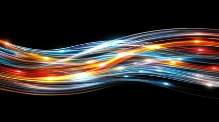 Poster - A vibrant display of colorful light trails flowing in waves against a black background, creating a dynamic and energetic visual effect.