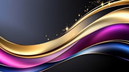 Poster - A vibrant abstract design featuring flowing curves in gold, purple, and blue against a dark background, accented with subtle sparkling elements.