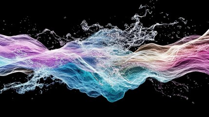 Aufkleber - A vibrant, flowing wave of colorful water splashes against a black background, creating a mesmerizing visual effect.