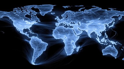 Poster - A glowing map of the world against a dark background, showcasing continents with a digital, futuristic aesthetic.