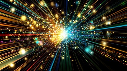 Poster - An abstract explosion of light and color, radiating beams and sparkling particles, creating a dynamic and energetic visual effect.