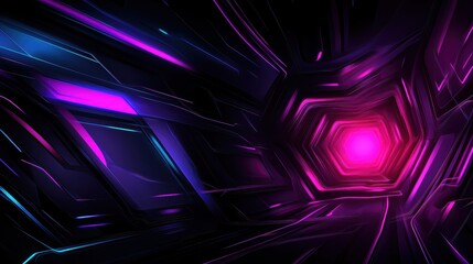 Poster - A vibrant, futuristic abstract image featuring neon purple and blue colors radiating from a central glowing hexagon.