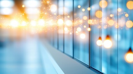 Poster - A blurred hallway with illuminated glass panels and abstract bokeh effects, creating a modern, bright atmosphere.