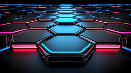 Poster - A futuristic hexagonal surface illuminated with vibrant blue and red neon lights, creating a striking visual effect.