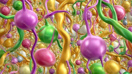 Poster - A vibrant, abstract depiction of colorful molecules and structures, showcasing intricate patterns and connections in a dynamic, scientific environment.