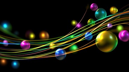 Poster - A vibrant abstract design featuring colorful spheres and flowing lines on a black background.