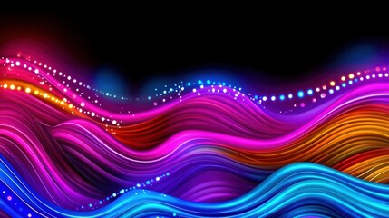 Poster - A vibrant wave of colorful light patterns against a black background, showcasing flowing lines in shades of pink, blue, and orange.
