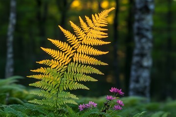 Poster - Golden fern sunset forest background design