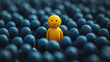 © Herdi - A single happy yellow figure stands out among many dark blue figures.  It symbolizes uniqueness, individuality, and standing out from the crowd.