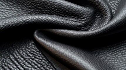 Poster - Close up of textured black leather surface with fine grain and stitching for design and fashion applications