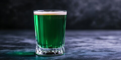 Green beer glass, dark bar, blurry background