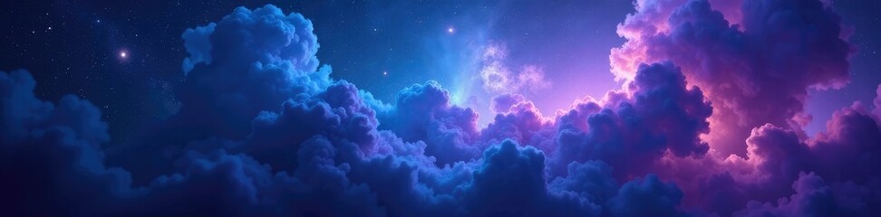 Wall Mural - blue and purple hue of nebula with swirling clouds and stardust against a dark starry background, st