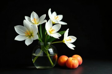 Poster - Delicate white flowers blooming in a vase with isolated apricots on black background, spring, simple