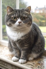 Poster - Grey tabby cat sits windowsill, garden view, pet portrait