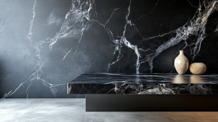 Poster - Marble table with a decorative vase centerpiece in a bright indoor setting