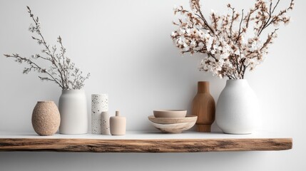 Poster - Shelf with various vases arranged neatly for decorative purposes in a modern interior setting