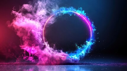 Aufkleber - Abstract colorful smoke ring swirling on black background creating a mesmerizing visual effect