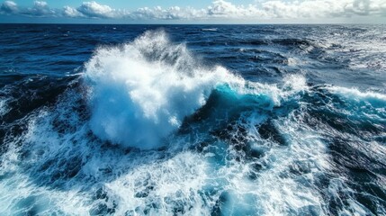 Poster - Wave crashing into the ocean creating splashes and foam in a vibrant blue sea